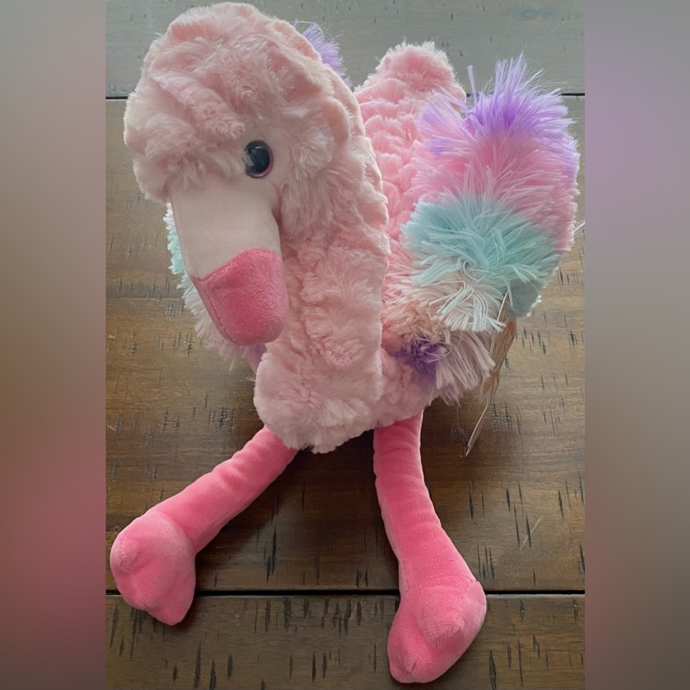 •NWT•KELLYTOY Pink Flamingo Bird Pastel Rainbow Feathery Wings Long Legs Plush